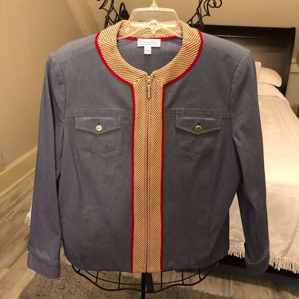 St. John Blazer denim with red and brown trim